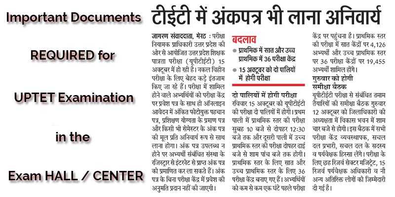 UPTET 2018 Important / Required Documents At Examination Hall | Center - A2z Infomatics