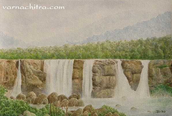 Waterfall - Kerala Landscape Painting Ny Biju P MathewAc