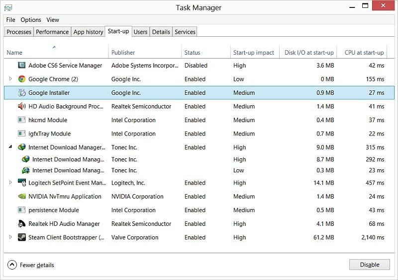 Windows 8 Task Manager: Startup Tab