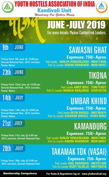 Yhai Kandivali Monsoon Trekking Schedule 2019